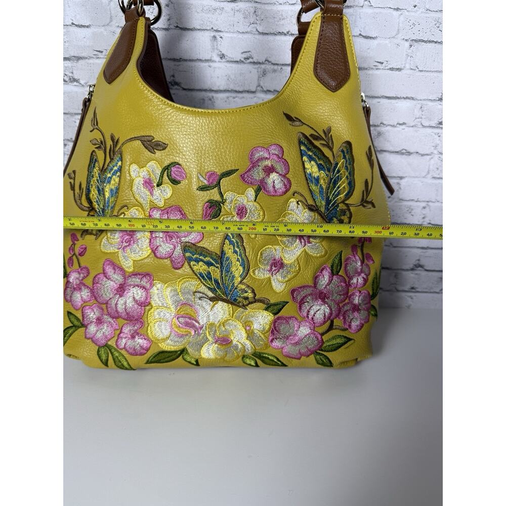 Sharif Yellow Brown Leather Hobo Handbag Embroidery Butterflies Flowers - Picture 6 of 12